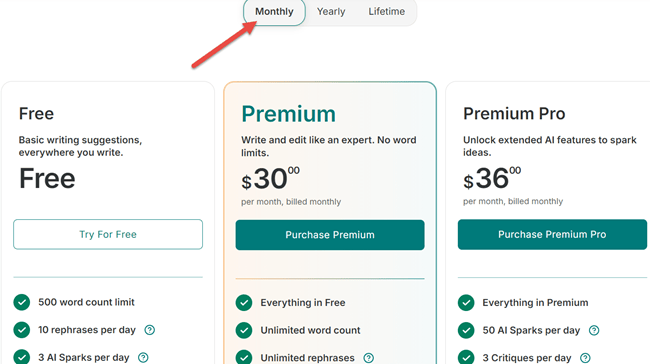 ProWritingAid Monthly Pricing