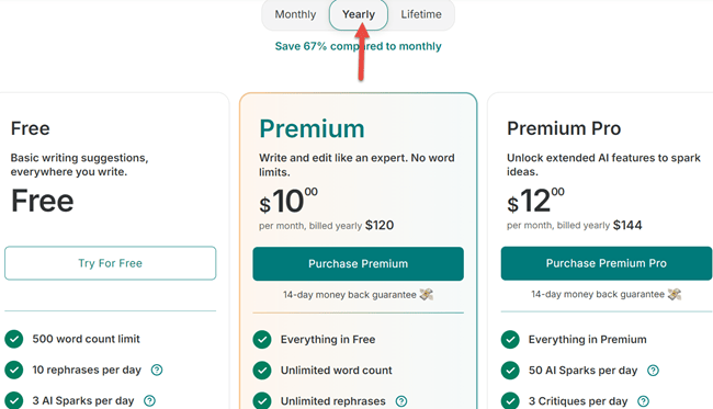 ProWritingAid Yearly Pricing Plan