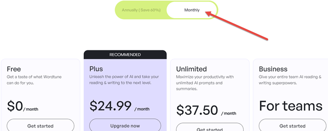 Wordtune Monthly Pricing Plan